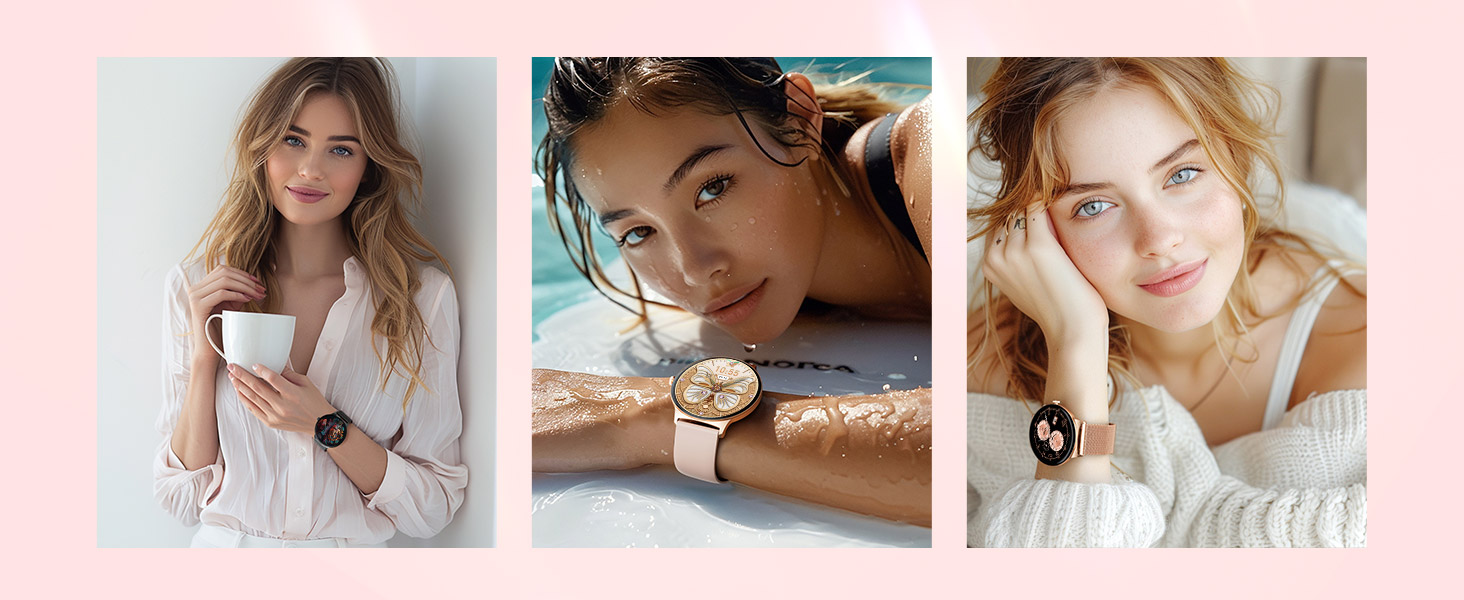 Gold wristwatch with round face and leather strap, shown in three different lifestyle scenes with models wearing white clothing.