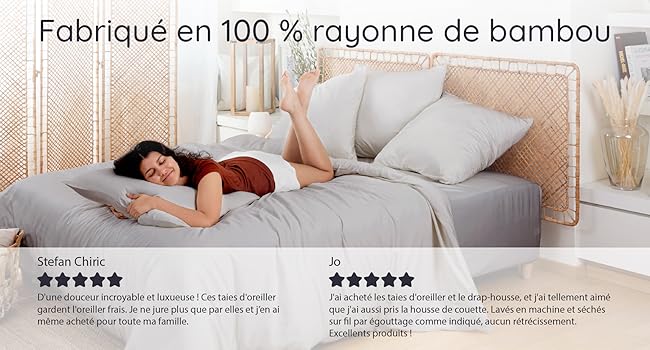 femme couchée sur le ventre sur un lit avec une housse de couette grise 100% rayonne de bambou