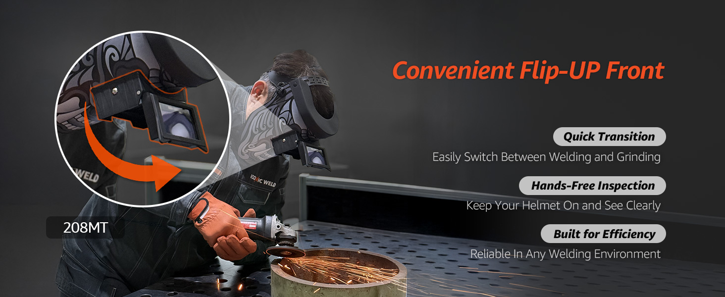 Iconic Weld VS8000 helmet with flip-up front for easy welding transitions.