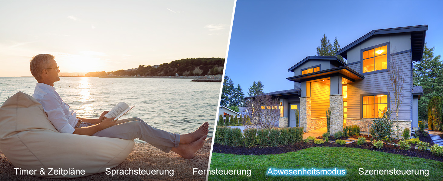 Der Text lautet „Tipps & Zeitpläne“, „Sprachberatung“, „Eco Financing“, „Analyse“, „Spezialberatung“. Geteiltes Bild, das eine Person bei Sonnenuntergang und ein beleuchtetes modernes Haus in der Abenddämmerung zeigt.