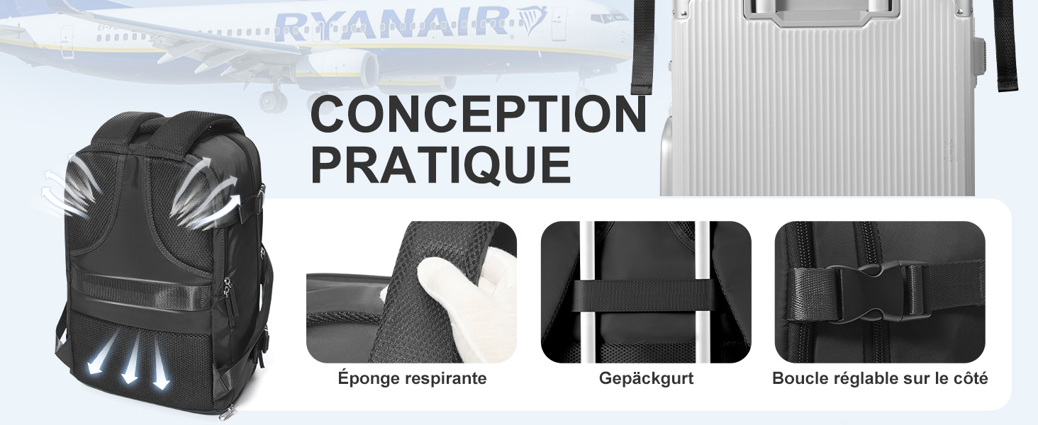 Le texte se lit comme suit : « CONCEPTION PRATIQUE ». Plusieurs angles d'un sac photo professionnel noir montrant les compartiments et les caractéristiques de rangement.