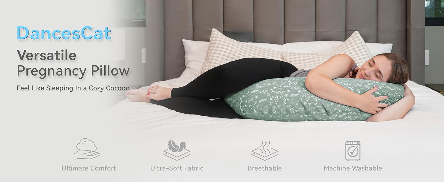 DancesCat pregnancy pillow in mint green color with white cover, featuring washable fabric and ergonomic design. Product icons show comfort, soft fabric and machine washable features.