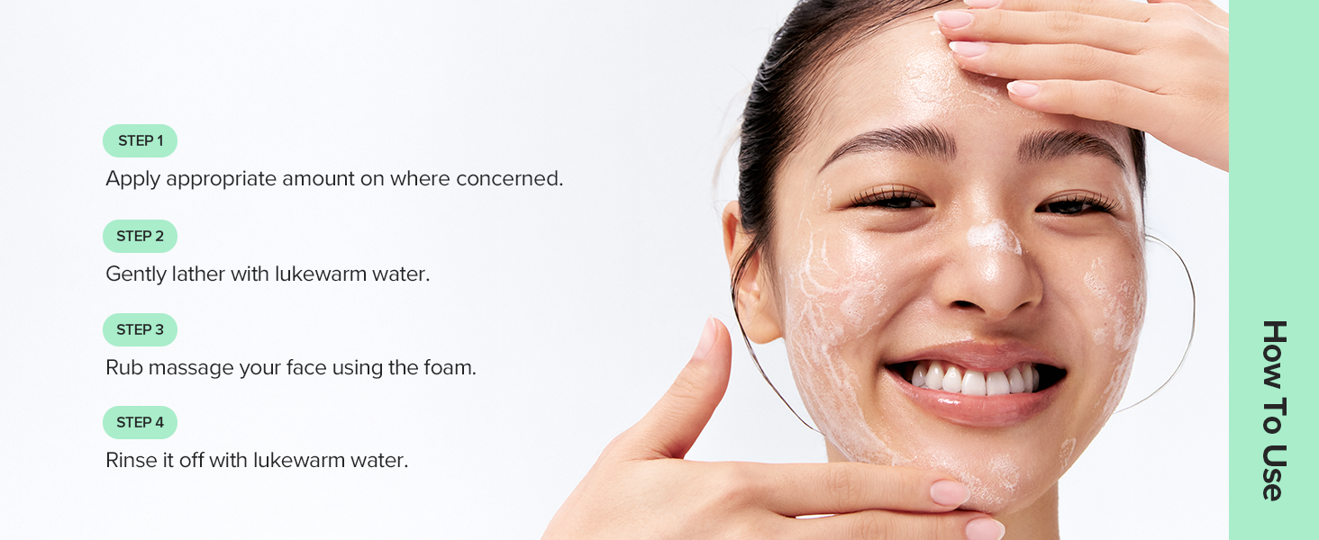 Beauty skincare instructions showing application process with text overlay describing steps. Green accents in design layout.