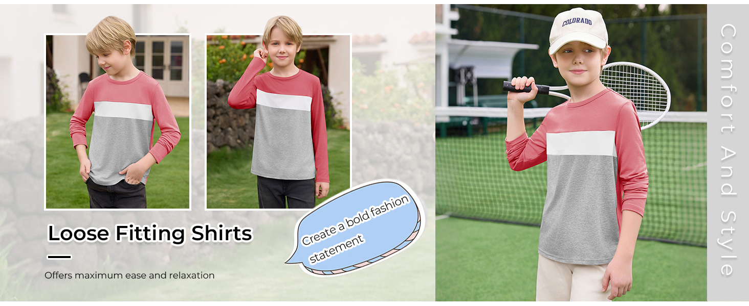 Boys Long Sleeve Shirts Kids Fashion Fall Tops Crewneck Color Block Tees