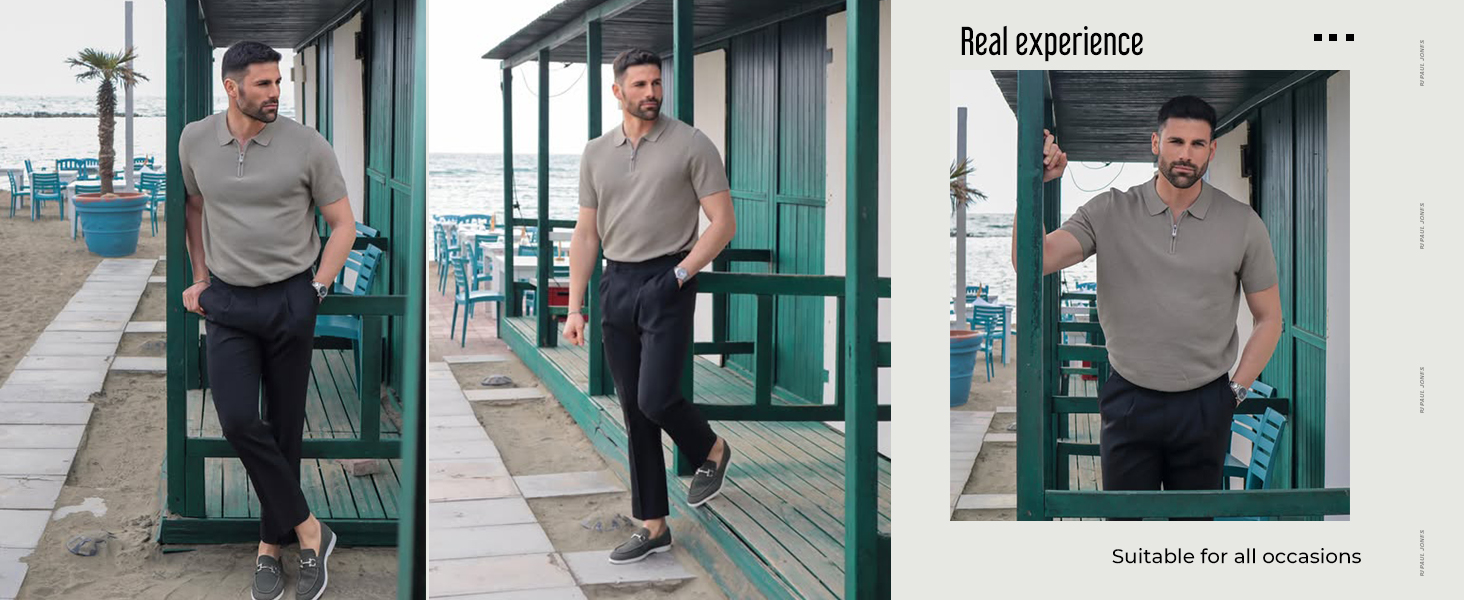 Mens Short Sleeve Casual Knit Zip Up Golf Shirt——Breathable &amp; Comfortable