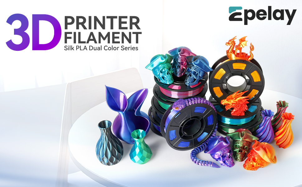Epelay 3D Printing Filament, Silk PLA Printer Filament 1.75mm, Shiny Dual Color Change, Neatly Wound Bundle, 4 x 250g Spools for FDM Printers 9 Epelay 3D Printer Filament, Dual Color Silk PLA Filament 1.75mm±0.02mm