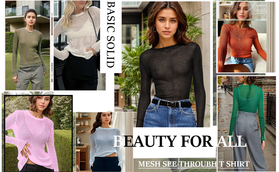 Women See Through T-Shirt Crew Neck Sheer Mesh Knit Sweater