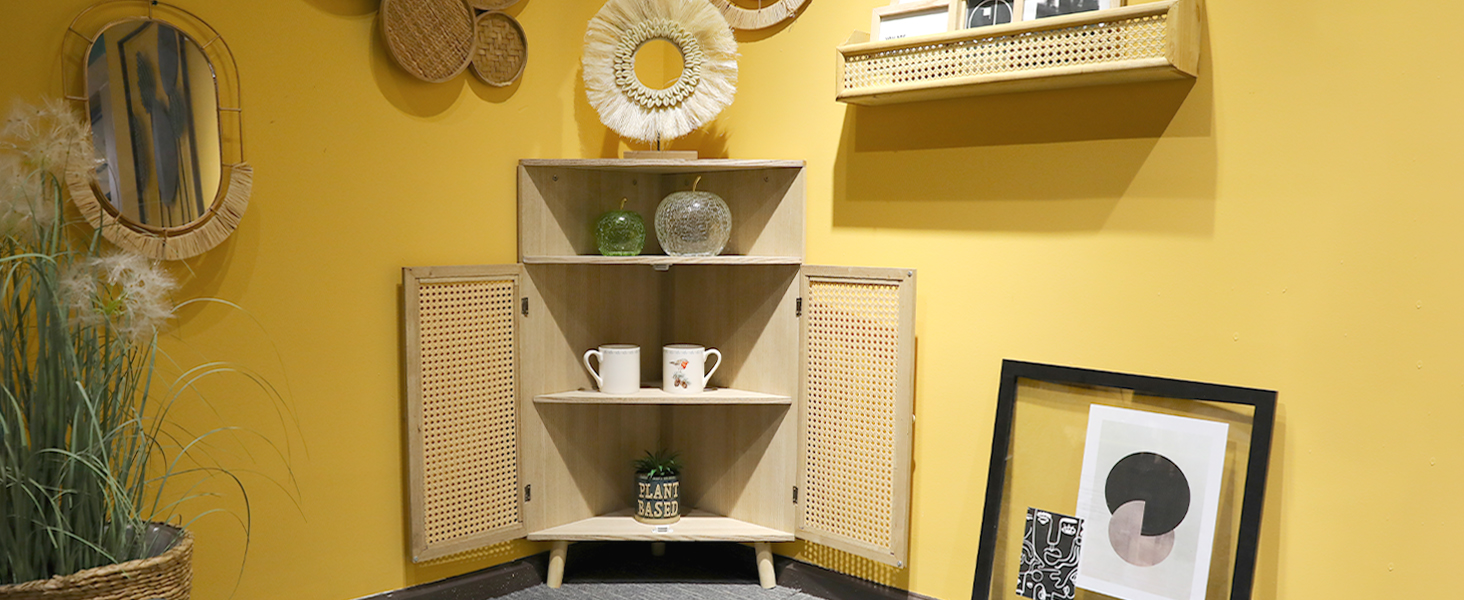 Corner Organizer With Doors, Small Rattan Corner