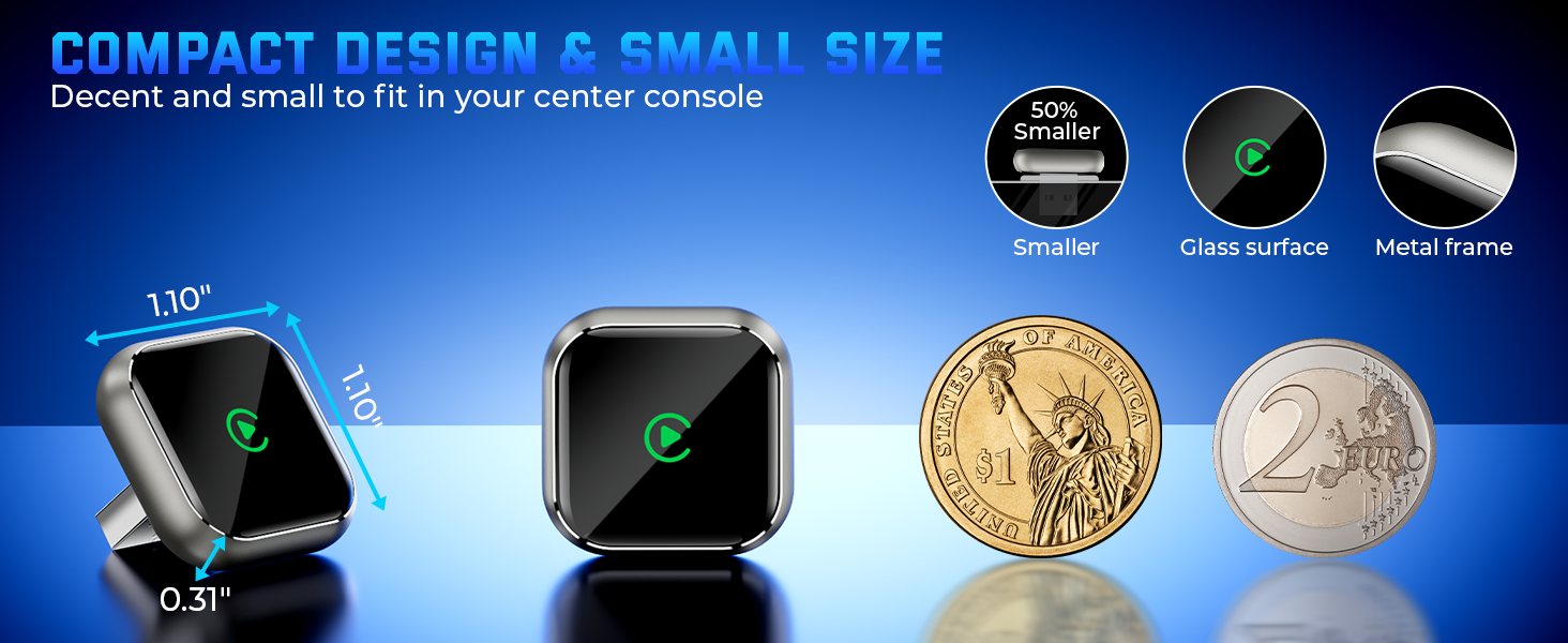 Text reads 'COMPACT DESIGN & SMALL SIZE'. Multiple product views showing small electronic device compared to coins for size reference, with technical interface displays.