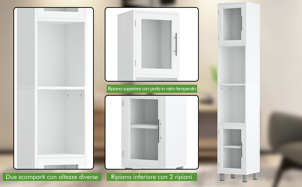 COSTWAY Mobile Da Bagno Alto, Armadio Da Terra Con 2 Ripiani Aperti E 1 Ripiano Regolabile, Ante In Vetro Temprato, Armadio Multifunzionale Per Bagno Soggiorno Cucina, 33x30x180cm 15 5