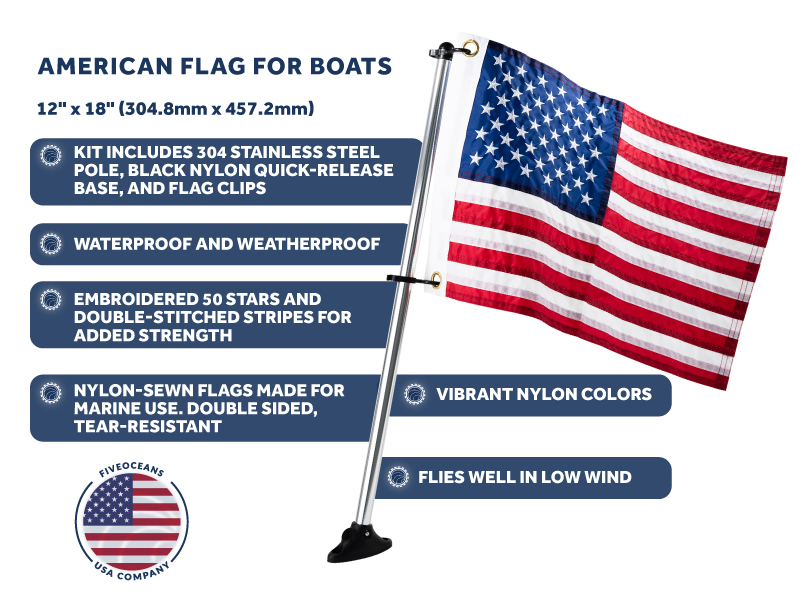 Five Oceans Pontoon Flag Pole Socket with Flag, Boat Flag Pole Kit, American Flag