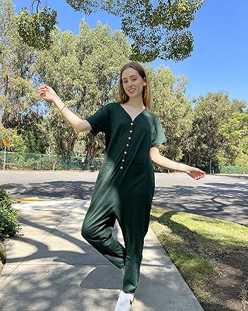 Oversize Women One Piece Button Jumpsuit Casual Loose Short Sleeve V Neck Onesies Rompers Pockets