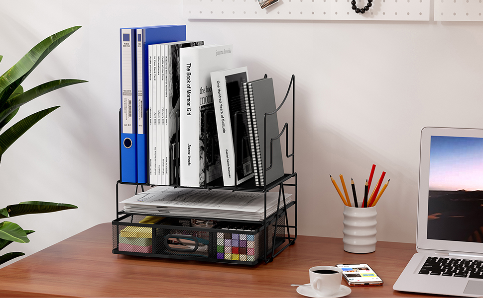 EasyPAG 3 Tier Desktop A4 Office Mesh Desk Tidy File Holder Paper Organiser Magazine Storage Filing Rack with Stationery Drawer,White 12 image