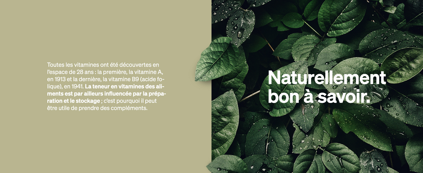 Gros plan de feuilles vertes avec superposition de texte « Naturellement bon à savoir » sur fond beige. Texte supplémentaire visible mais partiellement masqué