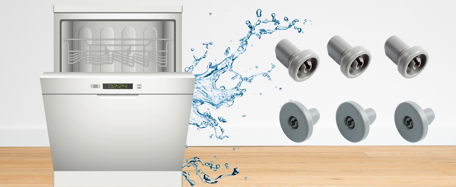 Lavastoviglie in acciaio inossidabile con sei ugelli di spruzzatura visualizzati separatamente. Il grafico a forma di spruzzo d'acqua indica l'azione di pulizia