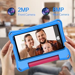 Tablet device with blue protective case featuring dual cameras - 2MP front camera and 8MP rear camera specifications displayed with lens icons.