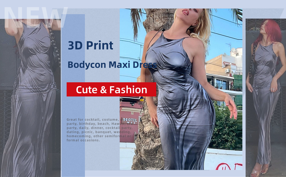 4UFIT Women's Sexy Spaghetti Strap 3D Print Bodycon Maxi Dress Slim Fit Backless Summer Long Dresses