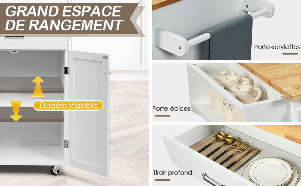 GOPLUS Desserte Îlot De Cuisine Roulant En Bois De Caoutchouc, Tiroir, 2 Portes, Support à Épices, Porte-Serviettes, Chariot De Service Sur Roues Verrouillables, 82 X 48 X 91 Cm, Marron 14 1