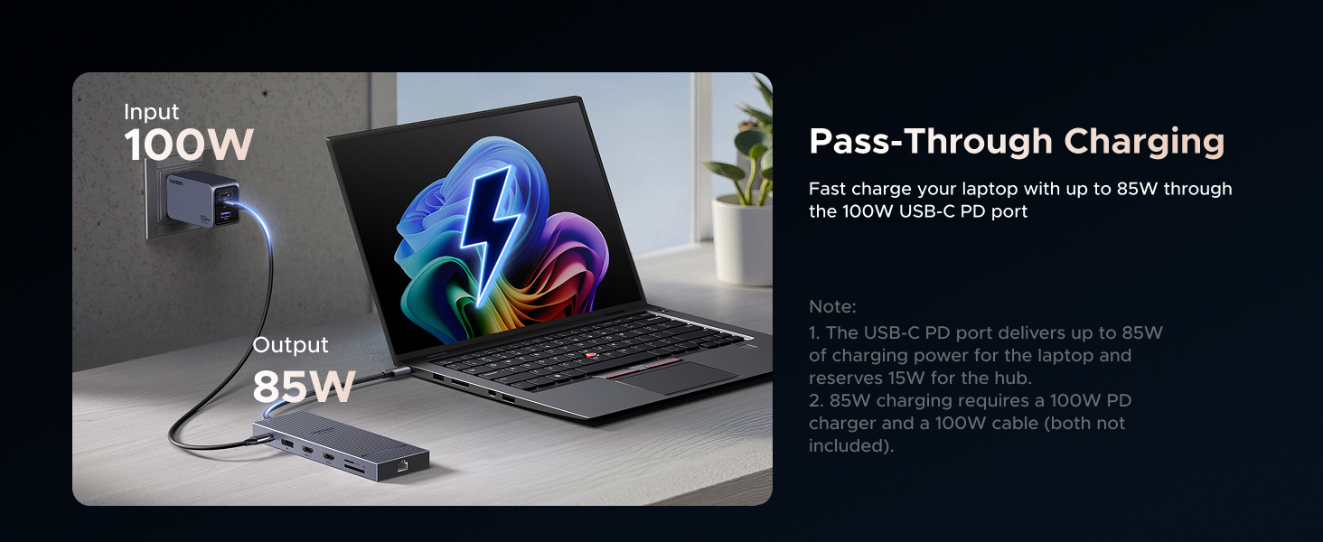 Laptop with colorful 3D logo on screen, demonstrating 85W pass-through charging capability via USB-C port. Input power 100W, output 85W shown.