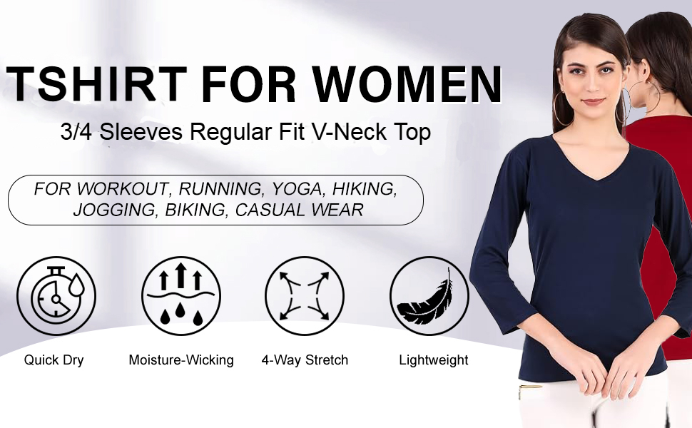 Sundish Women's 3/4 Sleeves Regular Fit V-Neck Cotton T-Shirt