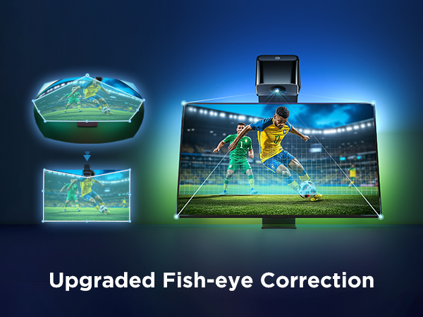 Demonstration of upgraded fish-eye correction technology on TV screens. Three displays show soccer players, with the largest screen featuring a corrected, flat image compared to curved smaller screens.