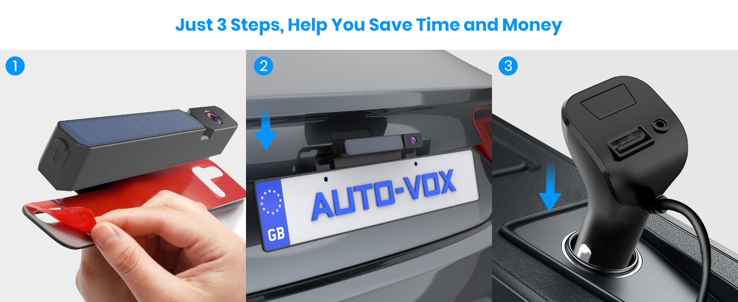 Three-panel image showing car accessories: solar-powered device on dashboard, license plate frame with 'AUTO-VOX' text, and car charger plugged into socket.