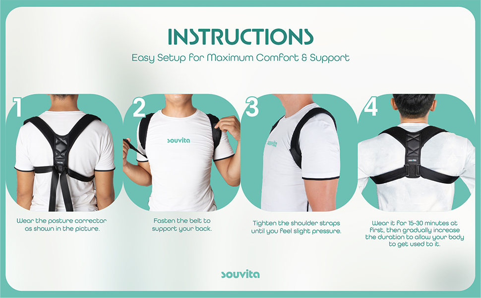 Instructions. 4 steps showing how to wear the posture corrector.