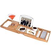 Utoplike Bamboo Bathtub Caddy Tray Bath Tray for Tub, Adjustable Bathroom Bathtub Organizer with ...