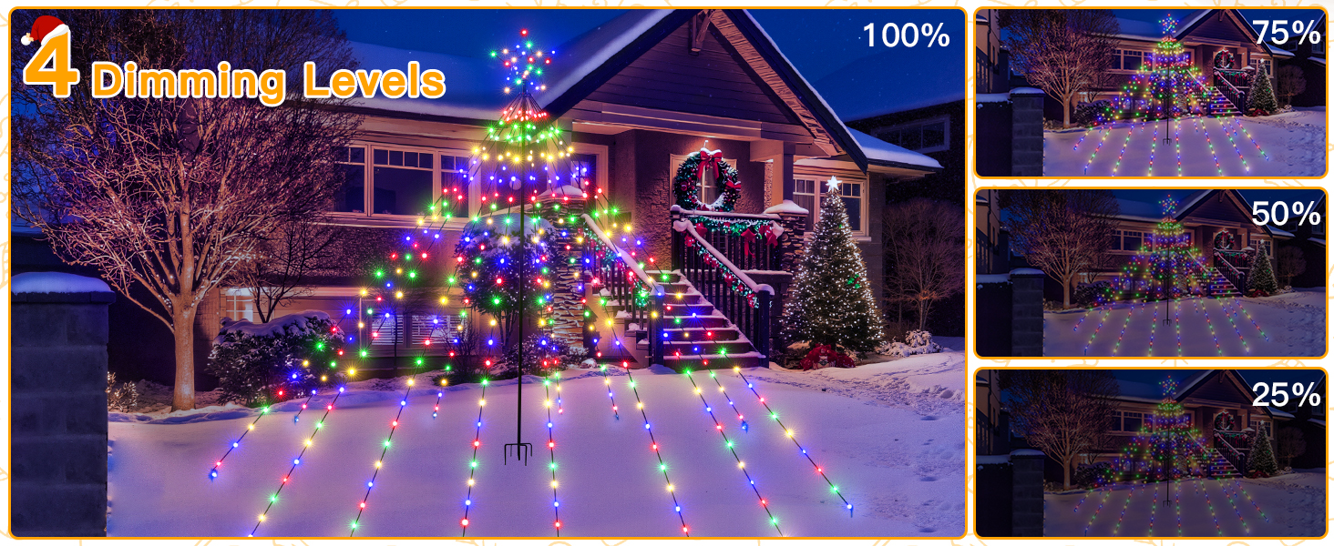 Text reads '40 Dimming Levels' with percentage indicators '100%', '75%', '50%', '25%'. Exterior holiday light displays showing different brightness settings.