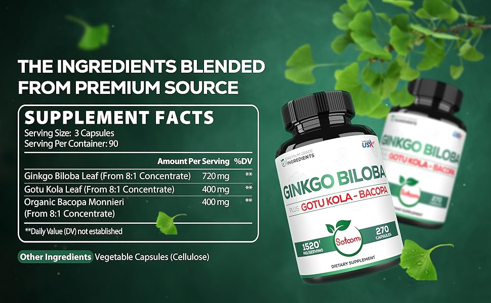 1520mg Ginkgo Biloba Supplements with Gotu Kola Leaf, Bacopa Monnieri 270 Capsules Extra