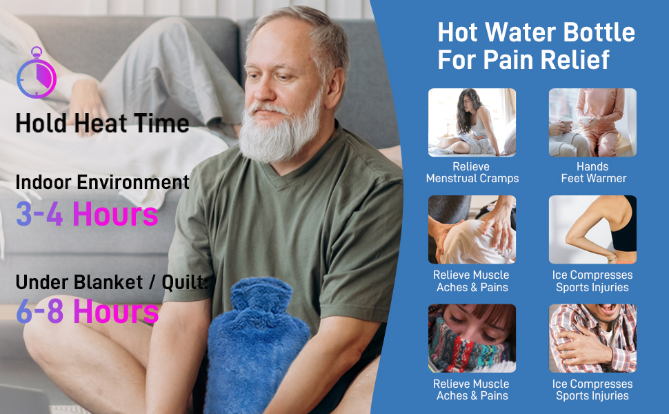 Hot Water Bottle with Cover, 2L PVC Hot Water Bag for Pain