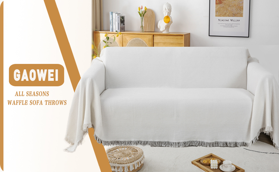 GAOWEI Waffle Sofa Throws Couch Cover Large 3 seater with Decorative Fringe ideal for Sofa Couch
