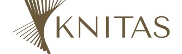 KNITAS logo design featuring stylized fan or comb shape integrated with text, rendered in brown color scheme.