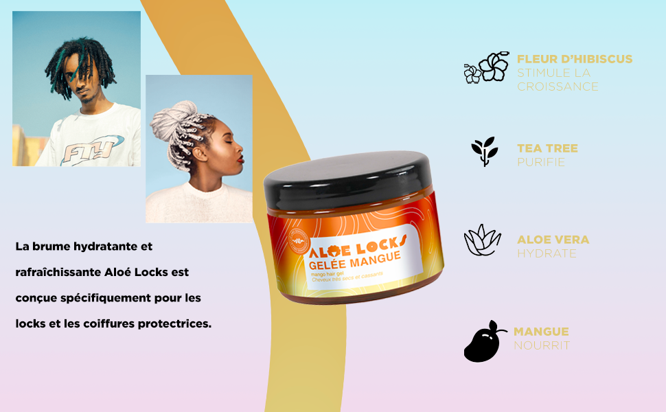 Orange contenant des ingrédients à base d'aloe vera et de mangue. Produit conçu pour les cheveux et les coiffures protectrices, accompagné d'illustrations des ingrédients