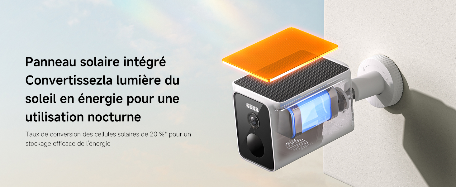 Le texte se lit comme suit : « Panorama solaire intégré Convertissez la lumière du soleil en énergie pour une utilisation nomade ». L'image montre une caméra ou un appareil monté