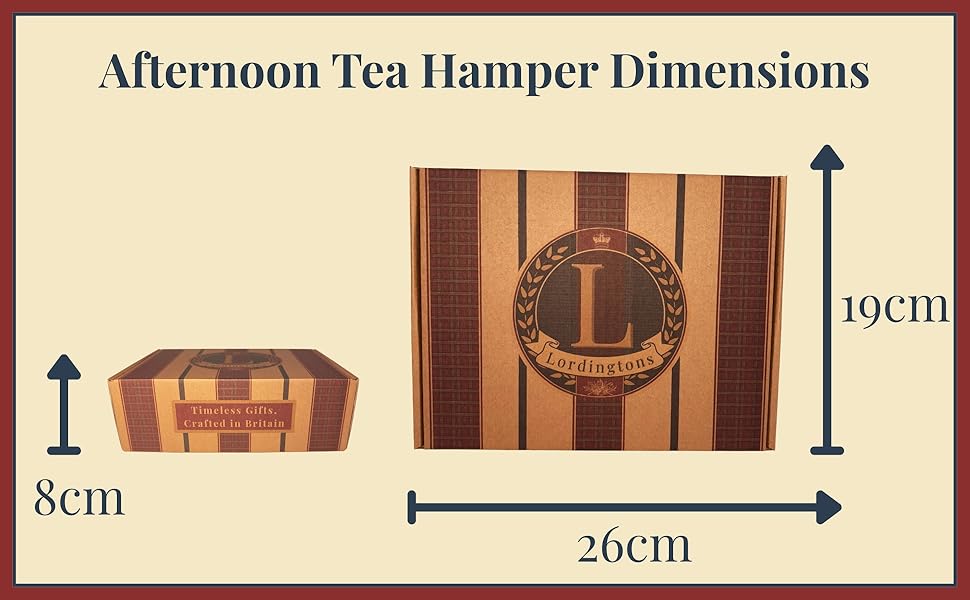 Text reads 'Afternoon Tea Hamper Dimensions'. Diagram showing measurements: 26cm width, 10cm height, and 8cm depth, with 'L' logo visible.