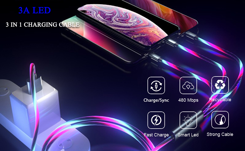 Light Up Charging Cable, LED Phone Charger Cord Smart Colorful Lighting Glowing USB C Cable Fast