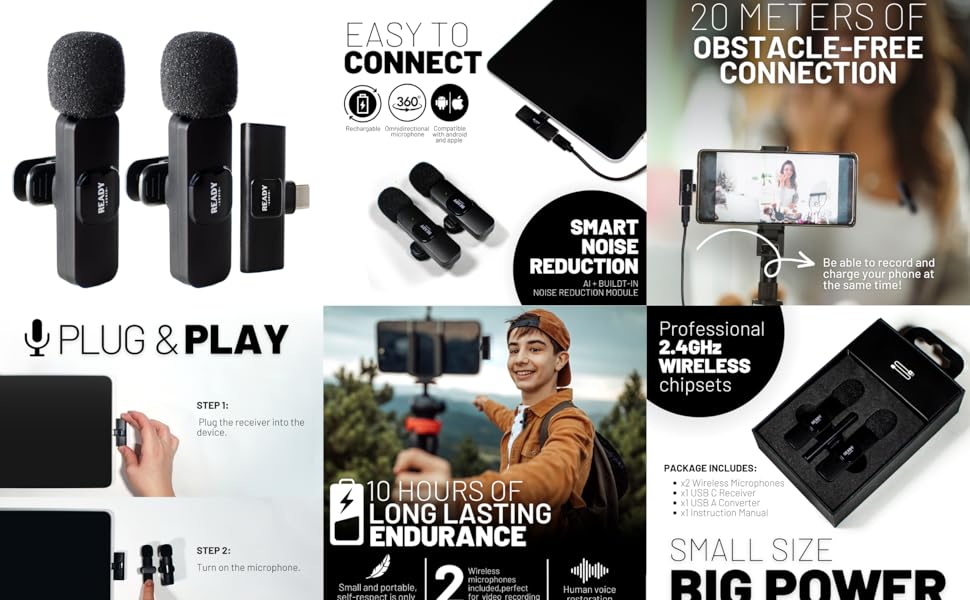Wireless Microphones for Android Phone & Computer/Laptop. Mini Mics for