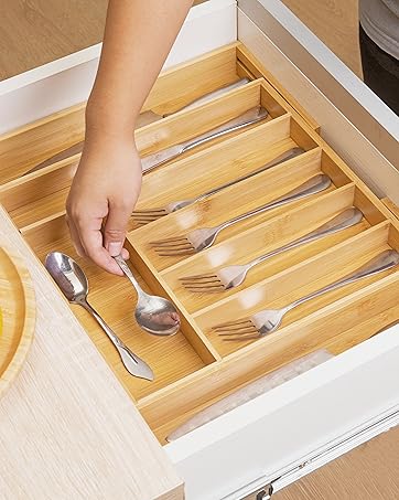 Bamboo Expandable Drawer Organizer for Utensils Holder, Adjustable Cutlery Tray, Wood Drawer