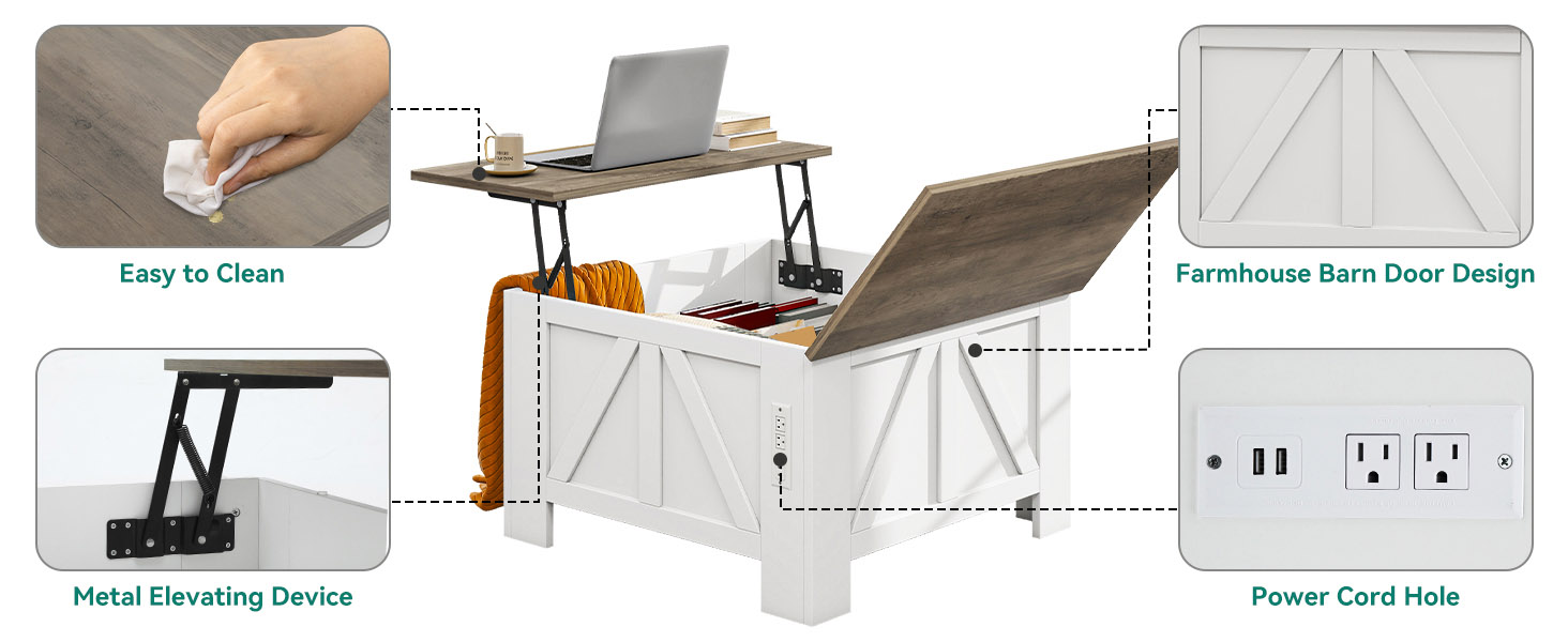 Farmhouse Lift Top Coffee Table with Storage, Wood Square Center Table Hidden Tables for Living Room