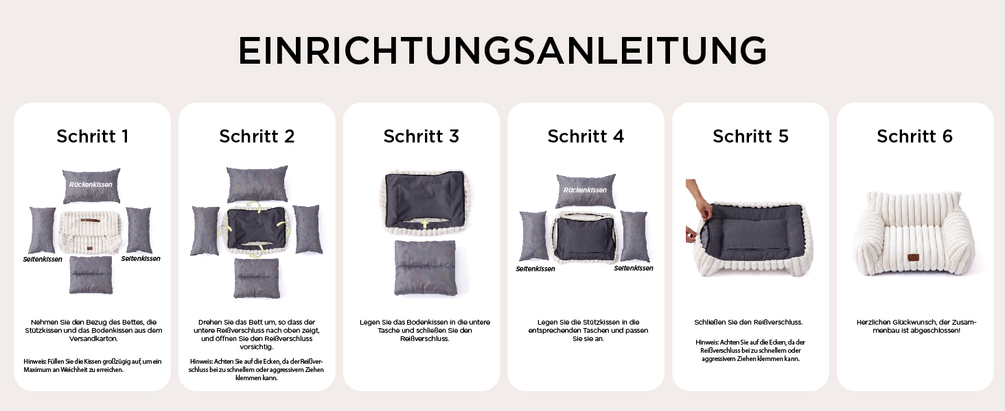 Anleitung zur Montage Eines HAUSTIERBETTS ADER -KISSENS IN SECHS SCHRUTTEN. Sie Zeigth der Übergang von Einzelnen Teilen Zum Fertig ZusammaTauten Produkt MIT GRAUEM STOFF UND WEIDMEM RAND