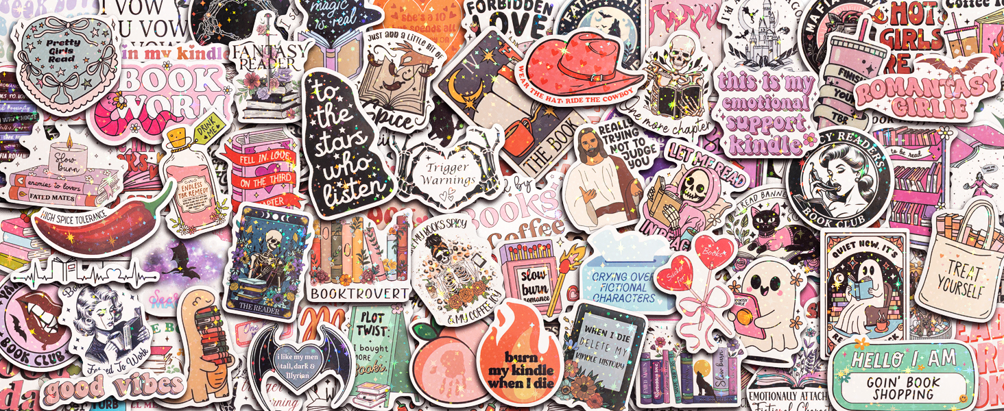 Each pack includes 150 holographic romance book stickers in various colors and sizes