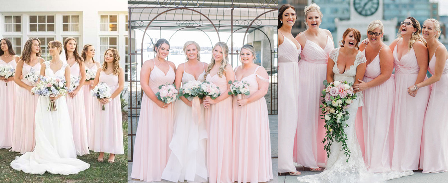 Blush Pink Bridesmaid Dresses Long for Women V Neck A-Line Chiffon Formal Party Dress with Pockets