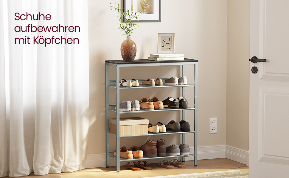 VASAGLE Schuhregal, 5-stöckiger Schuhschrank Offen, Schuhablage, 28 X 75 X 93 Cm, Große Oberfläche Für Taschen, Für Eingangsbereich, Flur, Schwarz-silbern Von SONGMICS SBL038E22 12 Schuhaufbewahrung mit Köpfchen