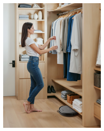 Kleiderschrank aus Holz mit offenen Türen, in dem hängende Kleidung und Regale ausgestellt sind. Auf dem Boden in der Nähe des Kleiderschranks ist ein Roboterstaubsauger sichtbar