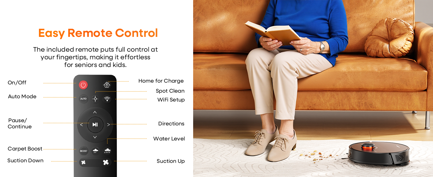 Text reads 'Easy Remote Control'. Shows a remote control diagram next to someone sitting on tan leather couch with robot vacuum on floor.