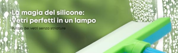 Raschietti verdi e blu su una superficie di vetro bagnata con gocce d'acqua. Sovrapposizione di testo in italiano sulla magia del silicone