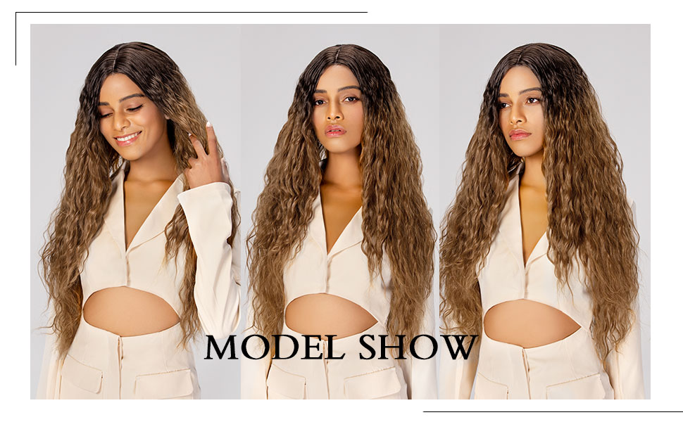 Long Curly Ombre Brown wig model show