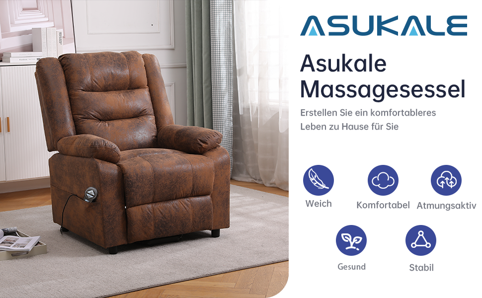 Der Text lautet &bdquo;ASUKALE Massagesessel&ldquo;. Brauner Relax-Massagesessel aus Leder mit getufteter R&uuml;ckenpolsterung und Armlehnen, abgebildet vor grauem, vorgeh&auml;ngtem Hintergrund mit Feature-Symbolen darunter.