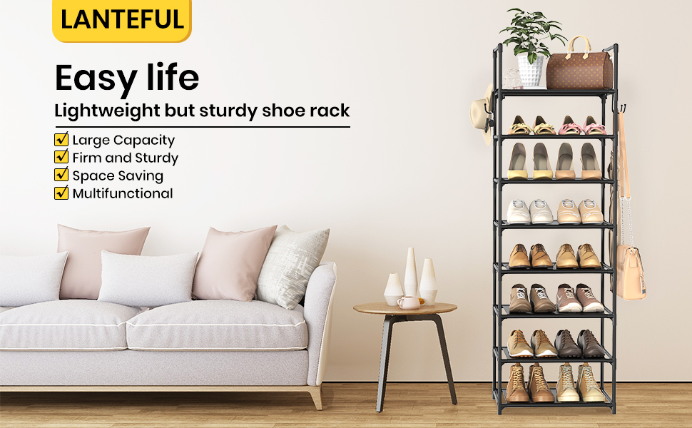 LANTEFUL 8 Tiers Tall Shoe Rack, Narrow Vertical Shoe Rack